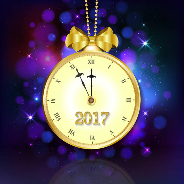 новогодний фиолетовый фон с винтажными часами и золотым бо - christmas backgrounds gift bow stock illustrations