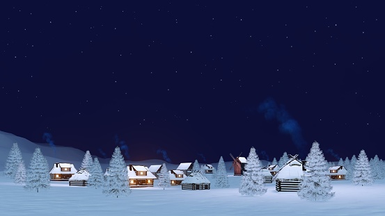 Calm rural winter landscape with cozy township covered with snow and snowy firs under clear starry night sky. 3D illustration from my own 3D rendering file.