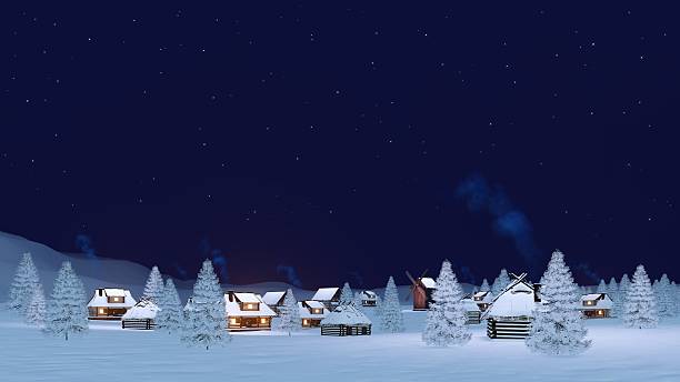 przytulne zimowe miasteczko pod nocnym niebem - winter snow landscape house zdjęcia i obrazy z banku zdjęć