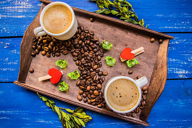 istock Cappuccino and cakes. On a blue background. Top view. Close 635967942