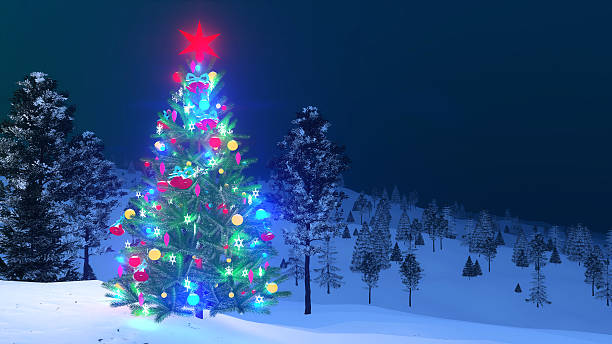 istock Outdoor decorated Christmas tree at night 635969598