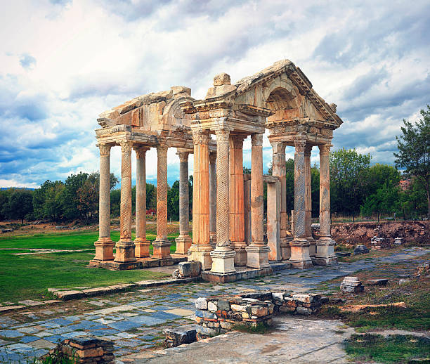 Fourteen columns of the Ionic Temple of Aphrodite have been re-erected. It was an \