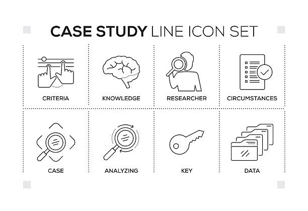 Case Study keywords with monochrome line icons Case Study chart with keywords and monochrome line icons case studies stock illustrations