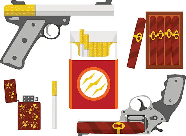 Vector illustration of Cigarette pistol, cigar revolver, cigarette pack, box of cigars