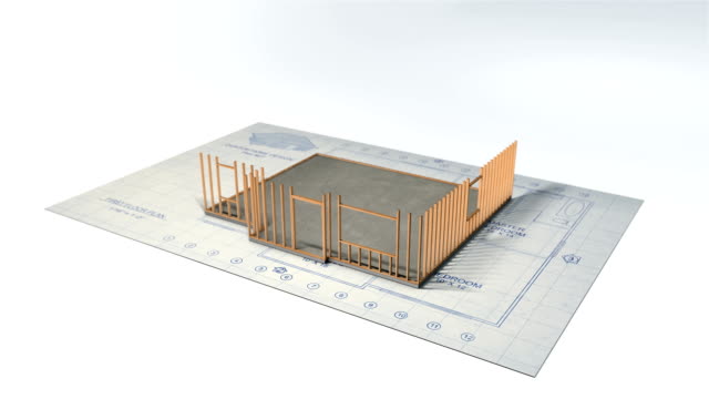 3D House and Blueprint Construction Time Lapse