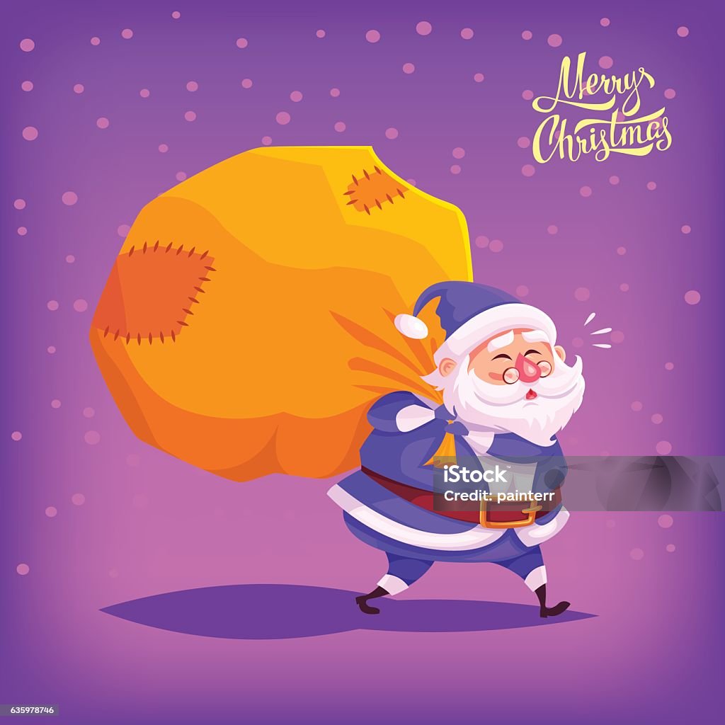 Cute cartoon Santa Claus delivering gifts in big bag Cute cartoon blue costume Santa Claus delivering gifts in big bag Merry Christmas vector illustration Greeting card poster Backgrounds stock vector