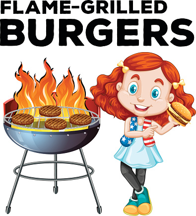 Girl and flame-grilled burgers illustration