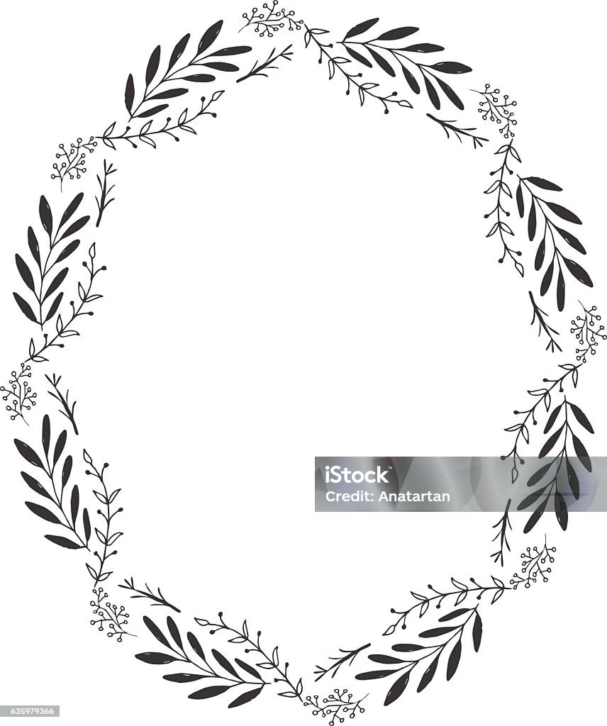 Oval floral frame Hand drawn vector oval decorative frame for your design. Leaves and floral elements.  Ellipse stock vector