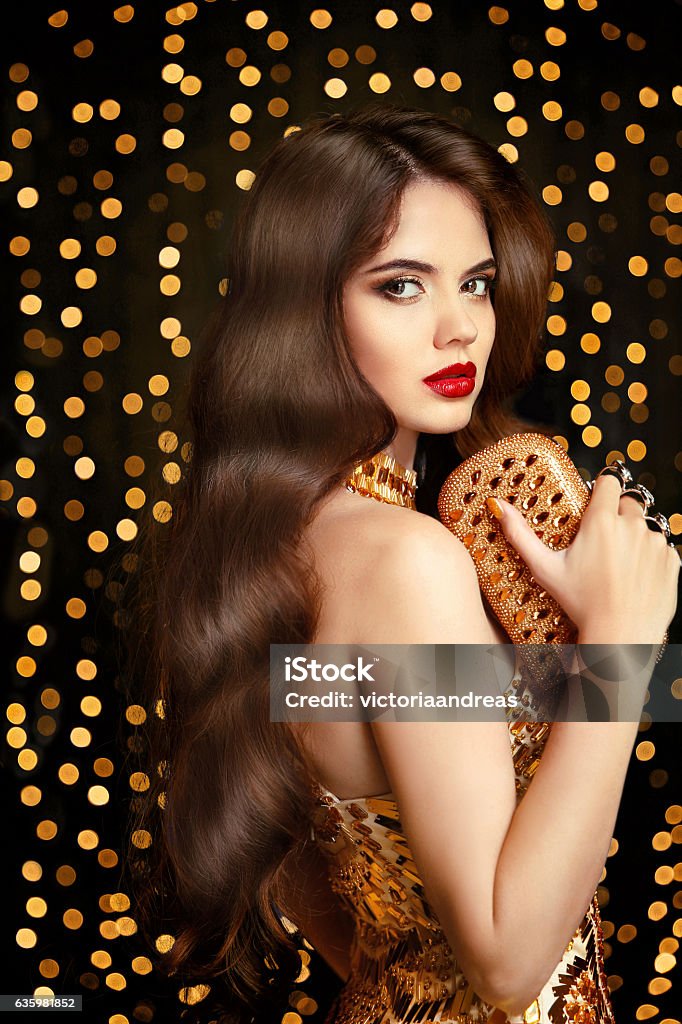 Elegant Fashion Brunette Woman Wavy Hair Style Red Lips Makeup Stock Photo  - Download Image Now - iStock