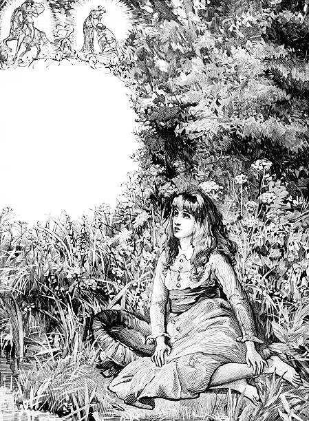 Girl in field with flowers, natural frame space from an 1886 antique book \