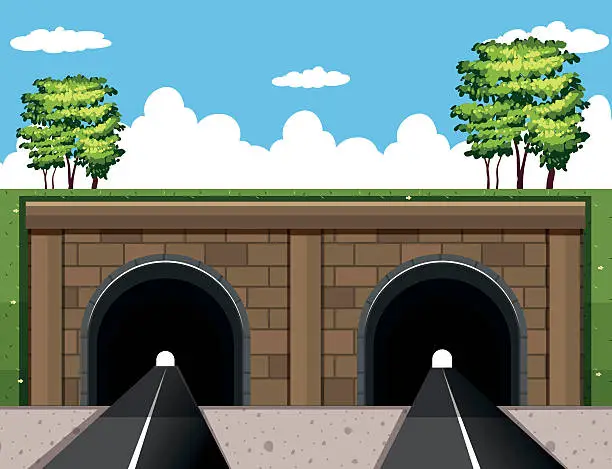 Vector illustration of Two tunnels on the road