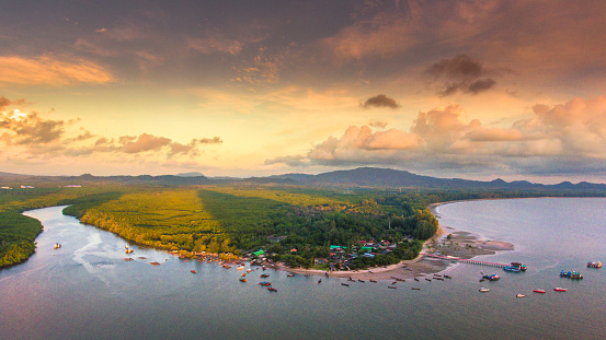Aerial panoramic view from cliff on pakmeng beach south of thailand near krabi