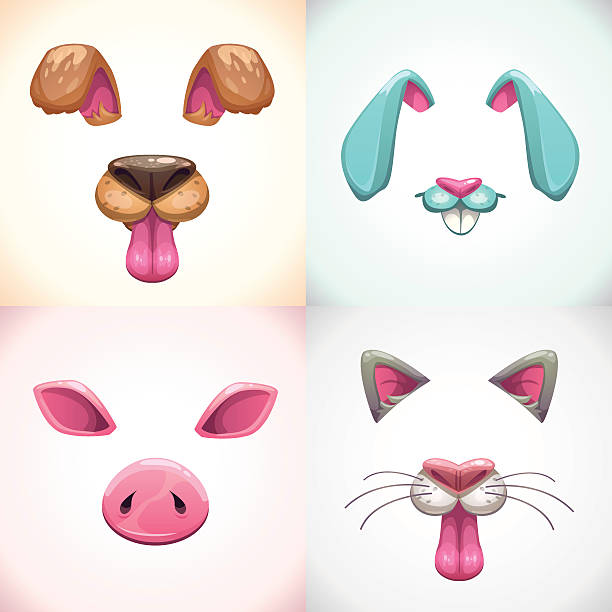 Cartoon animal face items. Cartoon animal face items. Dog, bunny,cat, pig ears and nose details. Funny vector assets for your photo decoration. animal ear stock illustrations