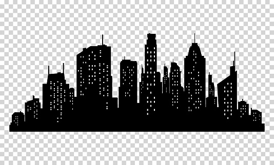 Set of vector city silhouette and elements for design. Isolated on pixelated background