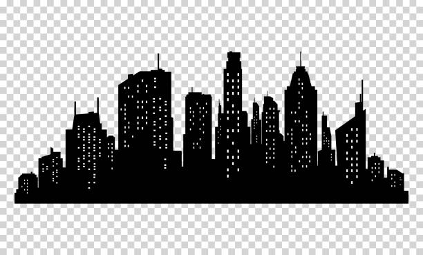 Set of vector city silhouette and elements for design. Set of vector city silhouette and elements for design. Isolated on pixelated background cityscape silhouettes stock illustrations