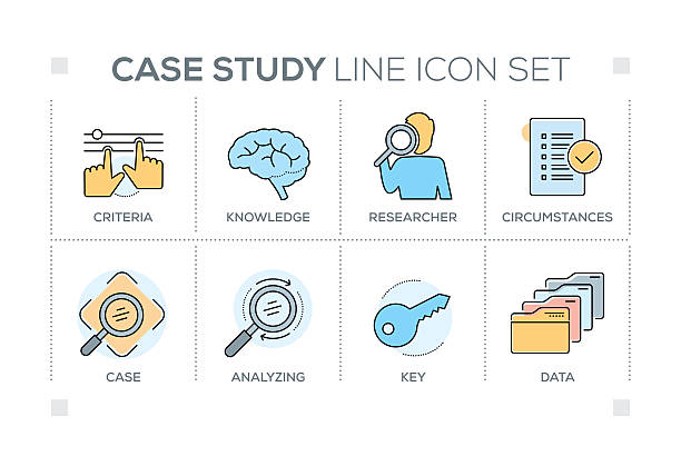 Case Study keywords with line icons Case Study chart with keywords and line icons graphic design case study stock illustrations
