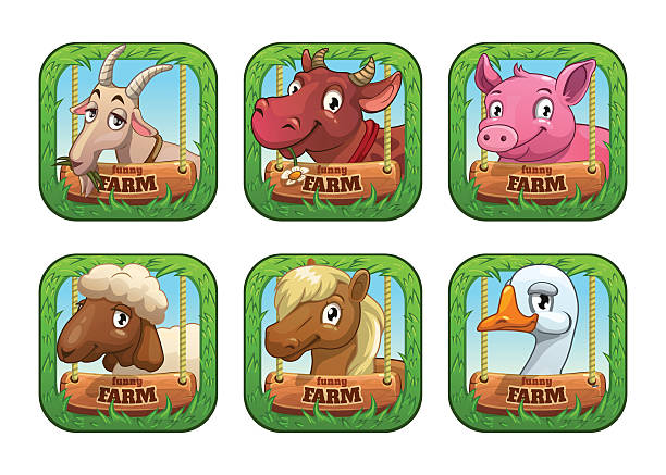 ilustraciones, imágenes clip art, dibujos animados e iconos de stock de plantillas de logotipo de juego de granja de dibujos animados divertidos. - horse goat child humor