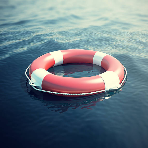rettungsring im meer, dem meer. 3d-illustration - buoy safety rescue rubber stock-fotos und bilder