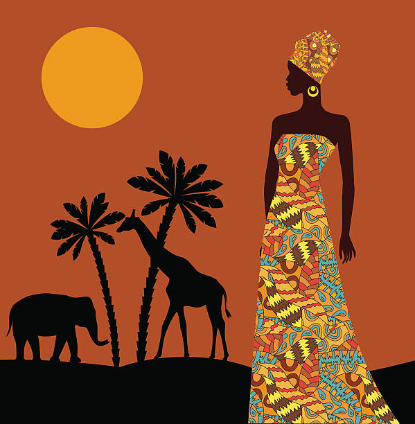 tropikalny krajobraz. piękna czarna kobieta. - african descent africa african culture pattern stock illustrations