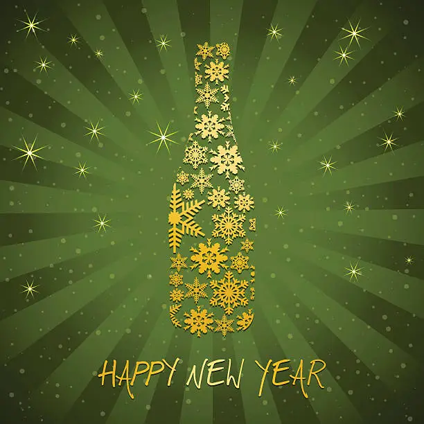 Vector illustration of New year's eve champagne bottle on green rays background