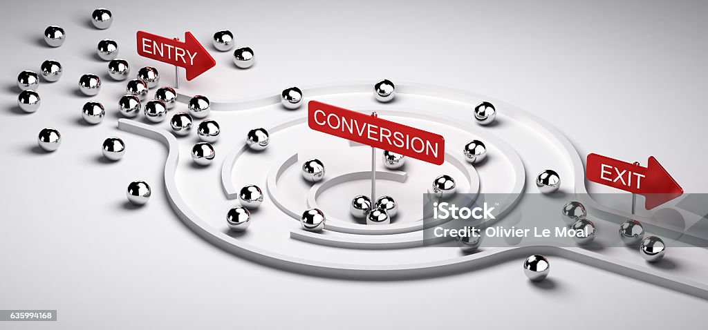 Marketing Conversion Funnel 3D illustration of a conversion funnel with entry and exit, Business or Marketing concept of leads to sales ratio, horizontal image. Change Stock Photo