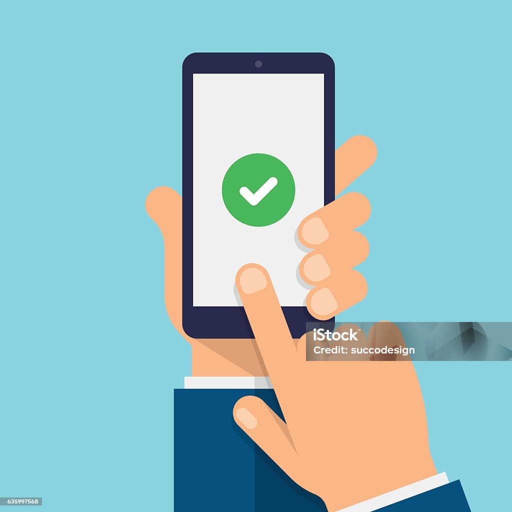 Check mark on smartphone screen - Modern Flat design illustration Hand holds the smartphone and finger touches screen. Telephone stock vector