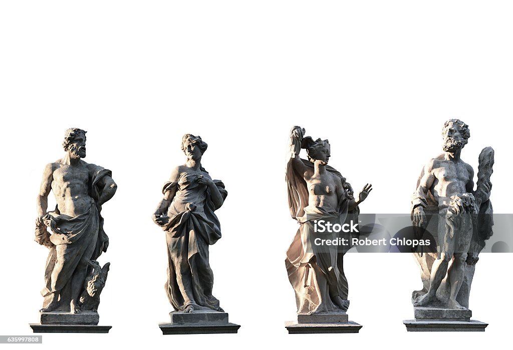 Four Gods on white background Four Gods on white background from XVIII century, Jove, Juno, Medusa, Hercules Statue Stock Photo