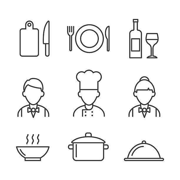 ilustraciones, imágenes clip art, dibujos animados e iconos de stock de conjunto de iconos de restaurante. iconos de cocina - wine bottle food wine restaurant