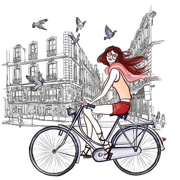 Vector illustration of woman riding a bicycle in Paris