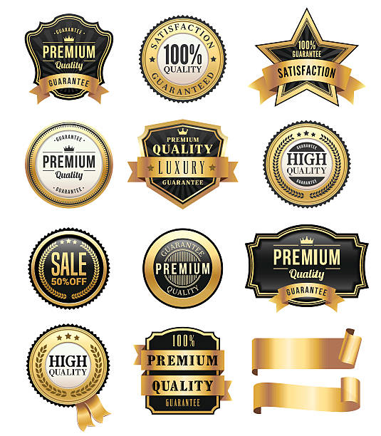 ilustrações de stock, clip art, desenhos animados e ícones de gold badges and ribbons set - ribbon banner internet label