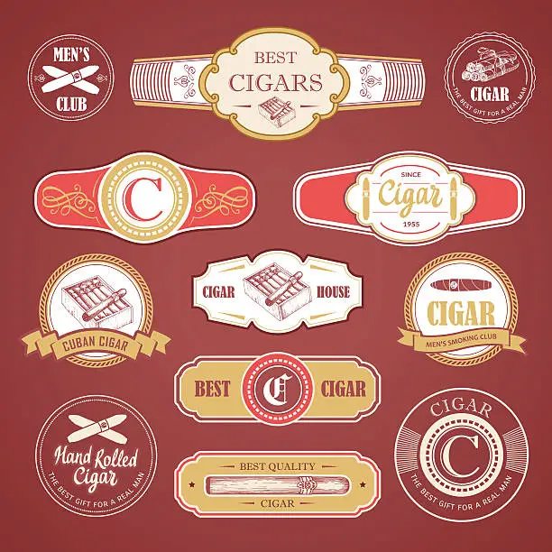 Vector illustration of Vector Illustration with logo and labels. Simple symbols tobacco, cigar