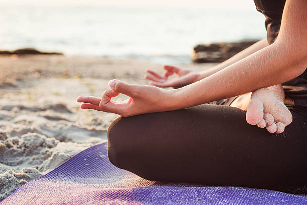 istock young caucasian female practicing yoga on beach 636012806