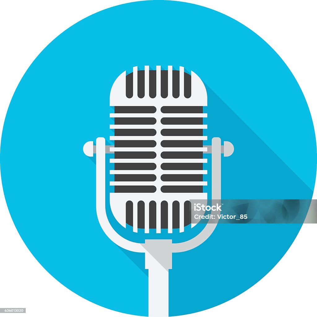 Old microphone icon with long shadow. Old microphone icon with long shadow. Flat design style. Round icon. Old microphone silhouette. Simple circle icon. Modern flat icon in stylish colors. Web site page and mobile app design vector element. Microphone stock vector