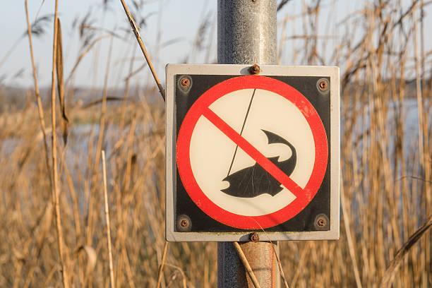 istock No fishing sign on a post by a river 636014078