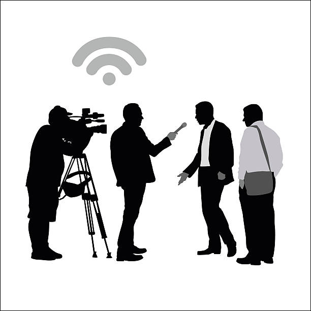 Business Interview Shoot A vector silhouette illustration of a news crew including a cameraman and news achnor interviewing a business man talking into a microphone.  The wifi symbol is above the cameraman. interview event silhouettes stock illustrations