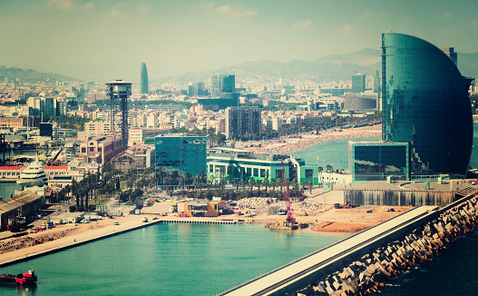 Aerial view of Port Vell and La Barceloneta district. Barcelona, Spain