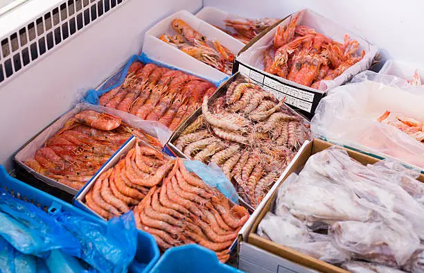 Photo of Chilled Mediterranean seafoods close up on counter