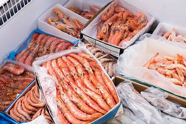 Photo of Chilled Mediterranean seafoods close up on counter