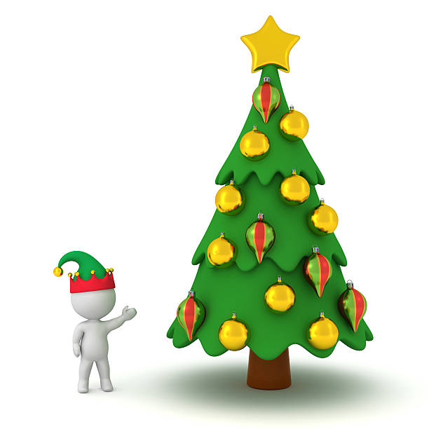 istock 3D Character with Elf Hat Showing a Decorated Christmas Tree 636021400