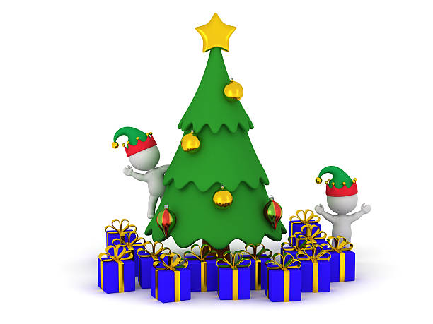 istock 3D Characters with Elf Hats and Christmas Tree with Gifts 636021466