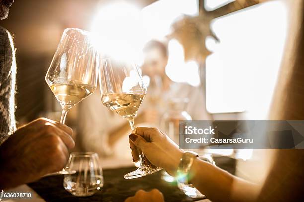 Group Of Young People Enjoying Dinner At The Restaurant Stock Photo - Download Image Now