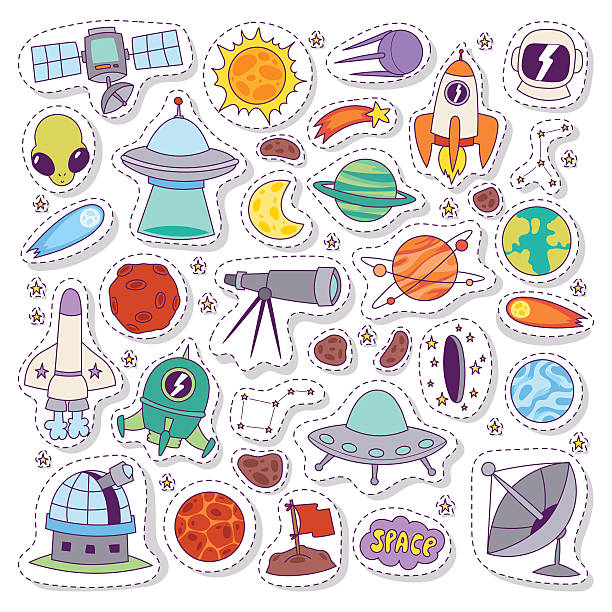 illustrazioni stock, clip art, cartoni animati e icone di tendenza di sistema solare astronomia icone adesivi set vettoriale. - mercury rocket