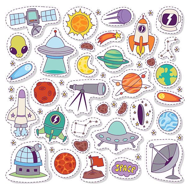 ilustrações, clipart, desenhos animados e ícones de ícones de astronomia do sistema solar adesivos conjunto vetorial. - mercury rocket