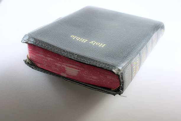 istock Old leather cover Bible on a white background with shadow 636035116