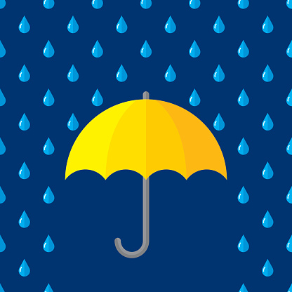 Vector illustration of a yellow umbrella against a dark blue background with raindrops.