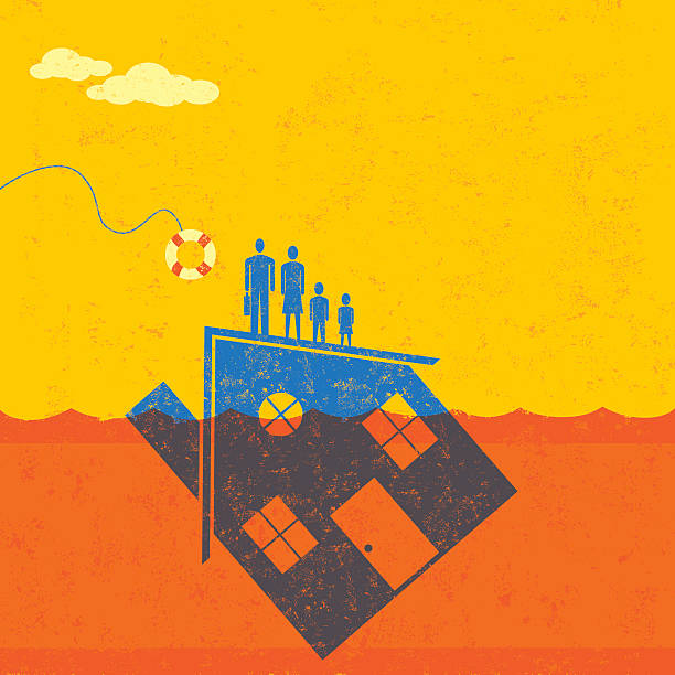Underwater Mortgage help A family floating on their house, which is partially underwater in the ocean, about to be saved by a life preserver. recession protection stock illustrations