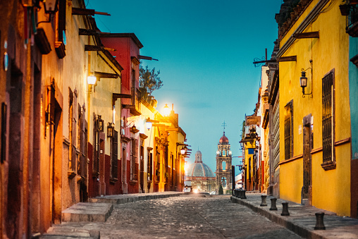 Street scene of San Miguel de Allende at night, Mexico.