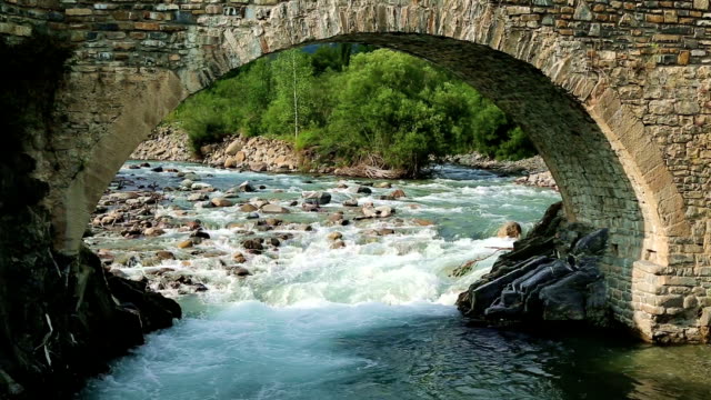 Rio Ara river and bridge San Nicolas de Bujaruelo in Ordesa Aragon Huesca Spain