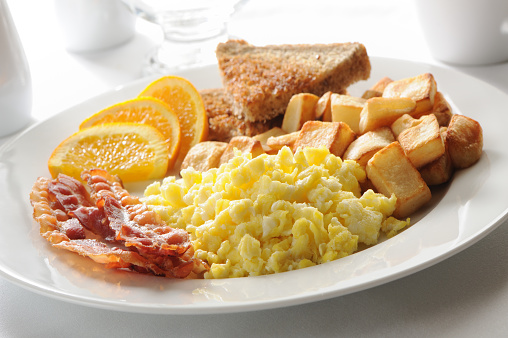 Big breakfast with scambled eggs, potatoes, toasts and bacon on a white background 