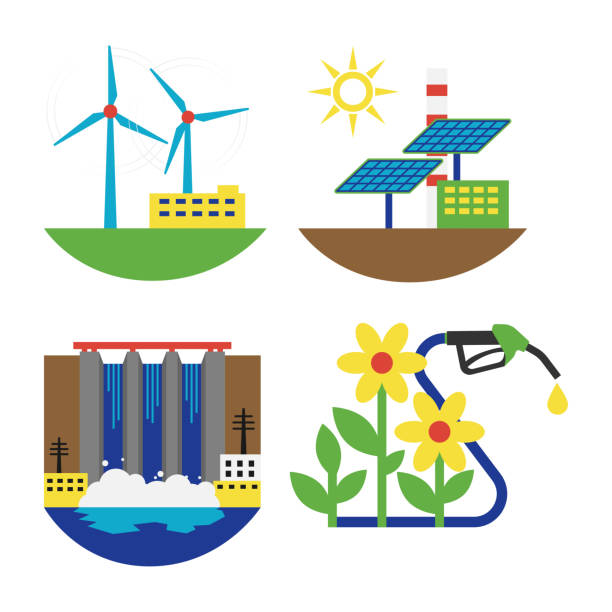 Alternative energy source set vector illustration. Power alternative energy and eco turbine technology. Renewable nature environmental industry. Source electricity conservation set vector illustration. thermal expansion stock illustrations